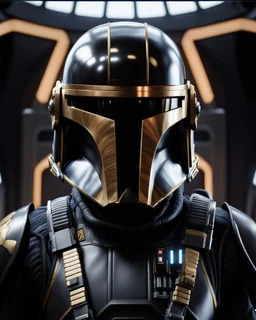 star wars bald male corellian pilot wearing dark gunmetal grey and black First Order special forces TIE pilot armored flightsuit and helmet with gold trim inside the jedi temple, centered head and shoulders portrait, hyperdetailed, dynamic lighting, hyperdetailed background, 8k resolution, volumetric lighting, light skin, fully symmetric details