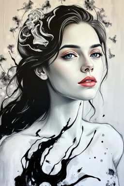 A beautiful young women painted with Liquid abstract white and black painting,