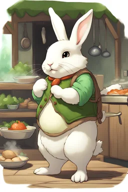 Cute chubby bunny floppy ears adventurer green vest dnd cooking art realism