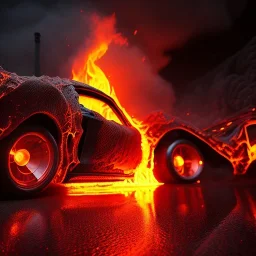 volumetric sweeping view of detailed phong shaded rendering of a car made of only molten lava, headlights, bumpers, whole car is lava