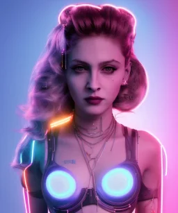 Artist, young madonna, ciborg woman, glow iris, piercings, sweet, shaved hair, blonde, white skin, long eyeliner, glow pink cheeks, glossy lips, color leds lights, cables, circuits, cyberpunk, latex coat, cyber punk, neon, portrait, studio photo, unreal engine 5, soft color, 16 bit, god lights, ray tracing, RTX, lumen lighting, ultra deatail, volumetric lighting, 3d, finely drawn, hd.