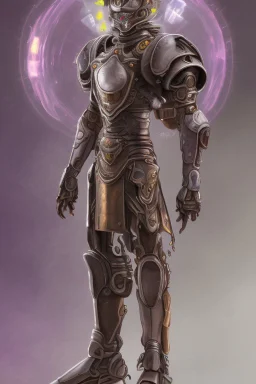 One Genderless Cyborg made of old rusted metal, has a human like face with a really long violet ponytail, they wear armor that is similar to Megaman. The color palatte of the armour is deep purple and yellow. They have Turquoise colured eyes. The Background is dark grey.