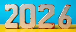 "2026" in squared block letters made of shiny and rusty metal on contrasting background