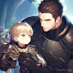 Boy wearing leather armor with family