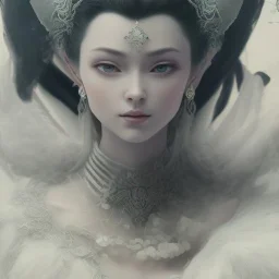 smooth hyper realistic, beautiful Japanese goddess, pale colors, dark cosmos background, cat еye, extremely sharp detail, finely tuned detail, ultra high definition, 8 k, unreal engine 5, ultra sharp focus, accurate sword wings, positive smile, lot of details, fit within portrait, Ambiance winter, perfect composition, perfect hair, perfect hands, finger up gestures