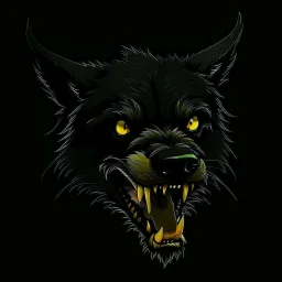 an angry scruffy black terrier on black background, yellow eyes, defined teeth, 30% lighter, vector illustration