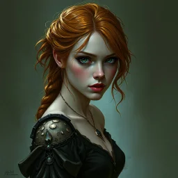 a pretty fantasy woman, young, ginger hair, troubled, dark fantasy art