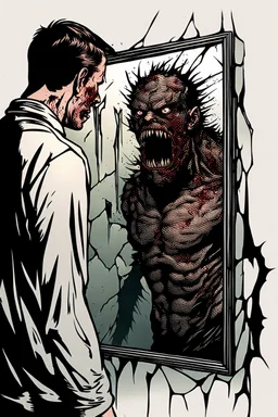 a man looking into a shattered mirror and seeing a horrifyingly smeared and deranged monster in his reflection