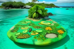 A mint colored island with fruit designed in native American petroglyphs painted by Paul Gauguin