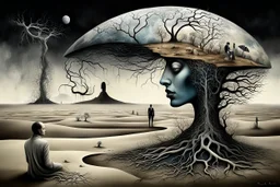 neuro deep, dark nightmare, inner world and dynamics of the uncontrolled mind and soul, lonely portrait like little island in the cold deep Sahara, a surreal cracked painted weird land. Whimsical style of Chagall meets the dark visions of Minjae Lee and Anton Semenov, lonely, sad lives and absurd beauty. The broken, weird inhabitants of this bizarre landscape, rendered in dark gray, purple, black colors, dark dunes, thick layers, impasto paint, surreal vibe