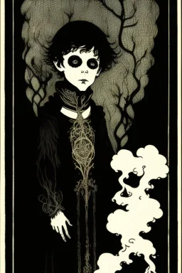 7 year old boy, necromancer, friendly, looks dead, surrounded by weird smoke with eyes, wearing black robes, in the style of Harry Clarke