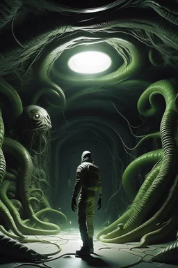 An astronaut standing in the middle of A surreal scene a tunnel-like structure filled with intertwined gray snakes heads , The tunnel is lined with countless writhing aliens bodies, creating a chaotic and nightmarish atmosphere. At the end of the tunnel, a solitary figure walks towards a distant light source, casting a glow that illuminates the scene. The overall color palette is muted with shades enhancing the ominous and unsettling mood .