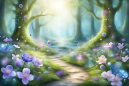 enchanted forest in spring with bright little flowers and little gems and crystals
