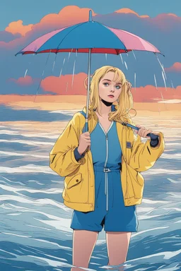 In the music video, a 23-year-old woman with blonde hair and bright blue eyes stands in the sea, se has a bun, dressed in a yellow fisherman's jacket. She holds an umbrella, but it offers no protection from the pouring rain. The rain pours through the umbrella. The rain under the umbrella is heavy petrol blue, the rain that goes trough the umberella transforms. She is paitend blue because of the blue rain drops. The rain is pouring heavily. She is standing in the middle of the sea.