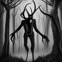 wendigo realist scary dark forest with blood in his mouth