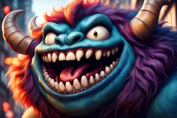 closeup of a maniacal grinning monster's face, big teeth, fur, bumps and curled horns, my pet monster inspiration, urban character design