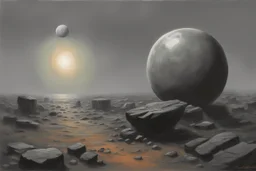 Grey sky with one planet in the horizon, rocks, sci-fi, 2000's sci-fi movies influence, rodolphe wytsman and friedrich eckenfelder impressionism paintings