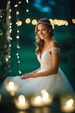 A happy smiling Beautiful girl wearing a wedding dress : Picture a delicate fluorescent glass sparkling lights adorned with glistening dewdrops. The tranquility of the scene mirrors the quiet strength that comes from embracing stillness and finding inspiration in the simplest moments. candles in the background
