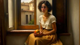 Painting of a mestizo woman, with short brown curly hair, wearing a brown short-sleeved shirt and a long beige skirt, sitting on a window, holding a white plate with 5 oranges. In the background, a narrow street with buildings on both sides, with people walking and sitting. Oil painting with soft diffused lighting and rough textures.