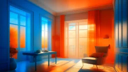 Habitación inspirada en “Impresión, sol naciente” — neblina azul‑naranja filtrada por paneles translúcidos, mobiliario difuminado en contornos suaves, luz matinal que vibra, atmósfera de calma en transición.