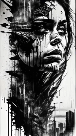 double exposure collage portrait of the craying woman, face of sadness, character design, shadows, building, noise, smog, surreal style, high detail, realistic photo, black pen and ink, intricate detailed black and silver line art, thick black ink on wet paper, dramatic mood, graffiti art, splash art, dark oil gouache melting, gloomy