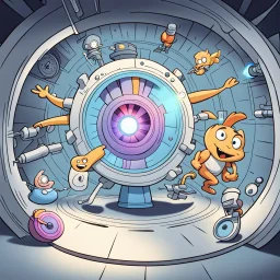 Cartoon characters being accelerated within a cyclotron