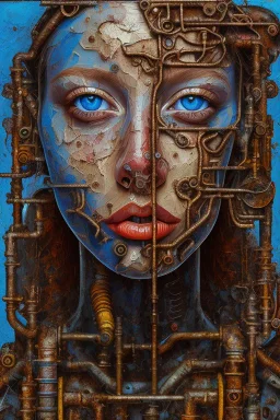 an abstract painting of rusted pipes, by lucian freud, rust, scaffolding, iron cladding, decay, mixed media, textured, anatomically correct, beautiful woman perfect face, blue eyes, sharp focus, highly detailed. desolate background