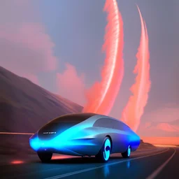 award winning car and driver photograph of a futuristic station wagon dirigible hybrid designed by only one vehicle per image painted metallic orange traveling at a high rate of speed, jet intake off of front center of vehicle and jet exhaust out the rear with bright blue flame, bilaterally symetrical, more a high speed road vehicle