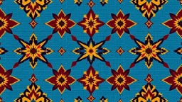 Front Symmetrical View Of Ethnic Cultural Pakistani Sindhi Ajrak Pattern. Using Colors Golden, Navy-Blue, Sky-Blue, Maroon And Black.