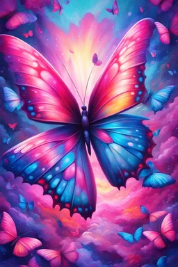 vibrant psychedelic oil painting image, airbrush, 64k, cartoon art image of background PINK and SAPPHIRE BUTTERFLIES , futurism style