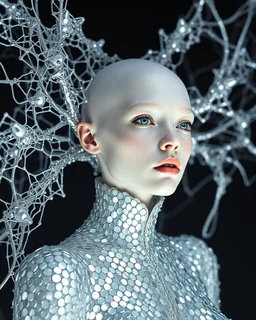 A mesmerizing fusion of intimate abstraction and surreal futurism, depicting a striking female albino figure adorned in a breathtaking silver chrome-scaled suit. The intricate structure of the suit echoes the hyper-fractal nature of a coherent hyper-position lattice, creating a dynamic interplay of light and form that seems almost otherworldly. Her presence is both mysterious and seductive, yet tinged with an innocent vulnerability, as she gazes outward with an expression of deep longing. Ether