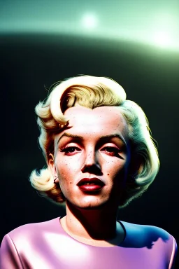 Ultra Realistic retro sci-fi scene, portrait, blonde woman, sweet young Marilyn Monroe face, perfect iris, tight latex coat, Strange planet background, Retro sci-fi style helmet, fog, rain, soft color, highly detailed, unreal engine 5, ray tracing, RTX, lumen lighting, ultra detail, volumetric lighting, 3d, finely drawn, high definition, high resolution.