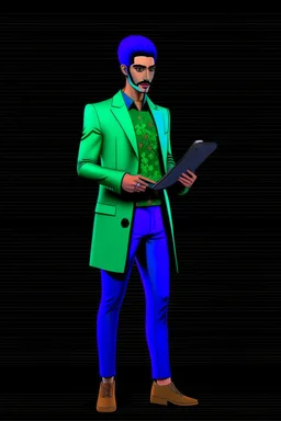 Modern guy, 20s, holding "ipad" in left hand, looks like a renaissance painting, walking forward, full body, "persian green coat", blue pants, "right hand in pocket". "Front facing" "forward view" black background