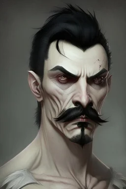 short wirey lean muscular trimmed goatee moustache sterm serious short black hair pale skin ghoul wight