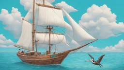A small, brightly colored sailboat with a billowing white sail cuts through a turquoise ocean. The wind fills the sail, causing the boat to lean slightly. In the distance, fluffy white clouds drift across a clear blue sky. One majestic brown pelican with a large pouch full of water flies gracefully above the boat. The image evokes a sense of calm adventure, the refreshing scent of the ocean breeze, and the abundant wildlife. The style is as if a 5 year old did it with paint.
