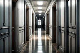 wide corridor full of closed doors with a single open doorway