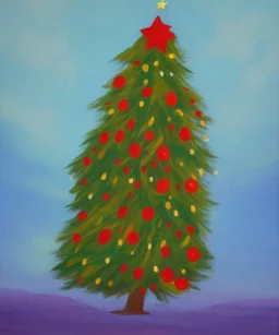 Painting of a festive Christmas tree in a vast desert