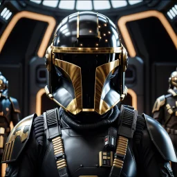 star wars bald male corellian pilot wearing dark gunmetal grey and black First Order special forces TIE pilot armored flightsuit and helmet with gold trim inside the jedi temple, centered head and shoulders portrait, hyperdetailed, dynamic lighting, hyperdetailed background, 8k resolution, volumetric lighting, light skin, fully symmetric details