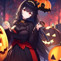 Clear focus, high resolution, black long fluffy hair, red eyes, wearing a halloween outfit