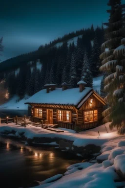 Christmas house with light and christmas tree it is in the wood near a river