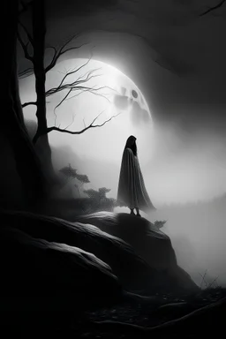 scene, black an white, forest fog, superbig full moon, woman on a rock, tim burton character, woman wiht cape and hood, circle rock