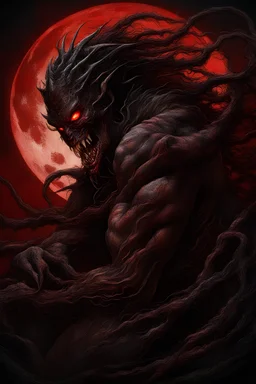 A dramatic digital painting portraying a horror monster under the Red Moon, veins pulsing, claws of temptation visible, soul in turmoil. In the style of Luis Royo and Boris Vallejo and Giger, vivid colors, swirling brushstrokes, highly detailed, 8k resolution, surrealistic., juicy emotions, painting, gloomy fantasy, gloomy day, dark world, portrait, oil and graphite, wide strokes, a weaving frame around, by Ryohei Hase, Agnes Cecile, Raymond Swanland, Anne Bachelier