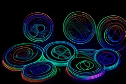 black background, outlines of a holographic coins, drawn from thin neon-coloured glowing lines