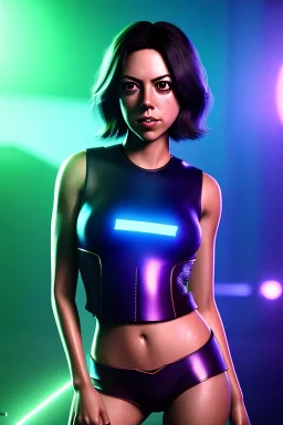 Young Aubrey Plaza, Futuristic cyborg, portrait from waist up, vibrant hair color, vibrant eye color, intricate eyeliner, vibrant eyeshadow, clear completion, soft lighting, 4k resolution, intricate details, insanely detailed, colorful cityscape background, masterpiece, expert, cinematic smooth, retroanime style, realistic details, no helmet