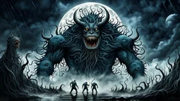 gentle, protective monsters fight with evil people, random background random, deep dark color, , moon, mist, rain, highly detailed, weird , surreal dark fantasy mood style like T. Burton