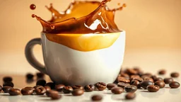 A dynamic close-up of an espresso cup mid-splash, as rich brown coffee liquid bursts out in slow motion; dramatic lighting highlighting the shine and texture of the coffee; glossy surface reflections from the white ceramic cup, with coffee beans scattered in the foreground; background is a soft blurred gradient of cream and caramel tones.