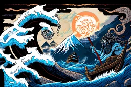 digital painting of the odyssey quest with the mythos cyclops by homer, in the style of hokusai