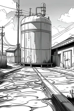 Outline art, no shading, water tank on the road, cartoon style, black and white, low detail, --ar 9:11