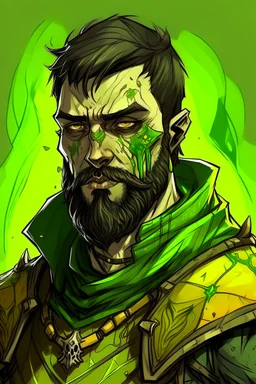 a fantasy zombie soldier. dark short hair, short beard. paladin armour, color green gold and yellow. missing part of cheek from rot. drawing.