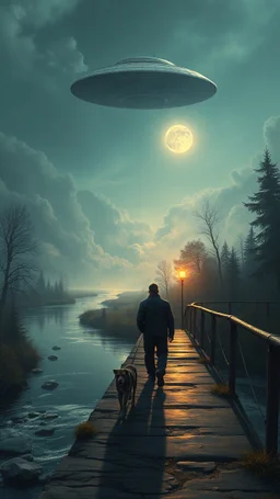 Bosch painting style nightmare , 3D , a man walking his dog on a bridge on a river stream , in far distance in the sky a strange ufoship appears in the background, high Quality picture , 8k